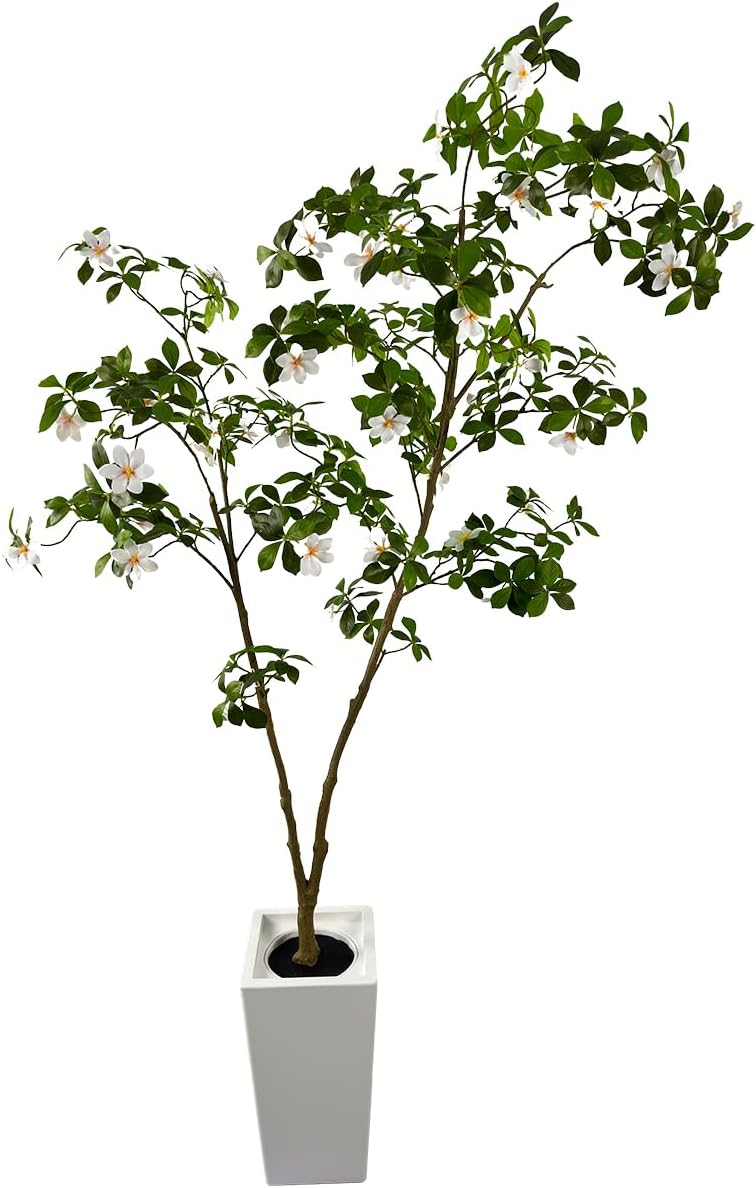 Artificial Gardenia Tree with White Flowers, 6 ft Tall, Potted Faux Plant with Green Leaves