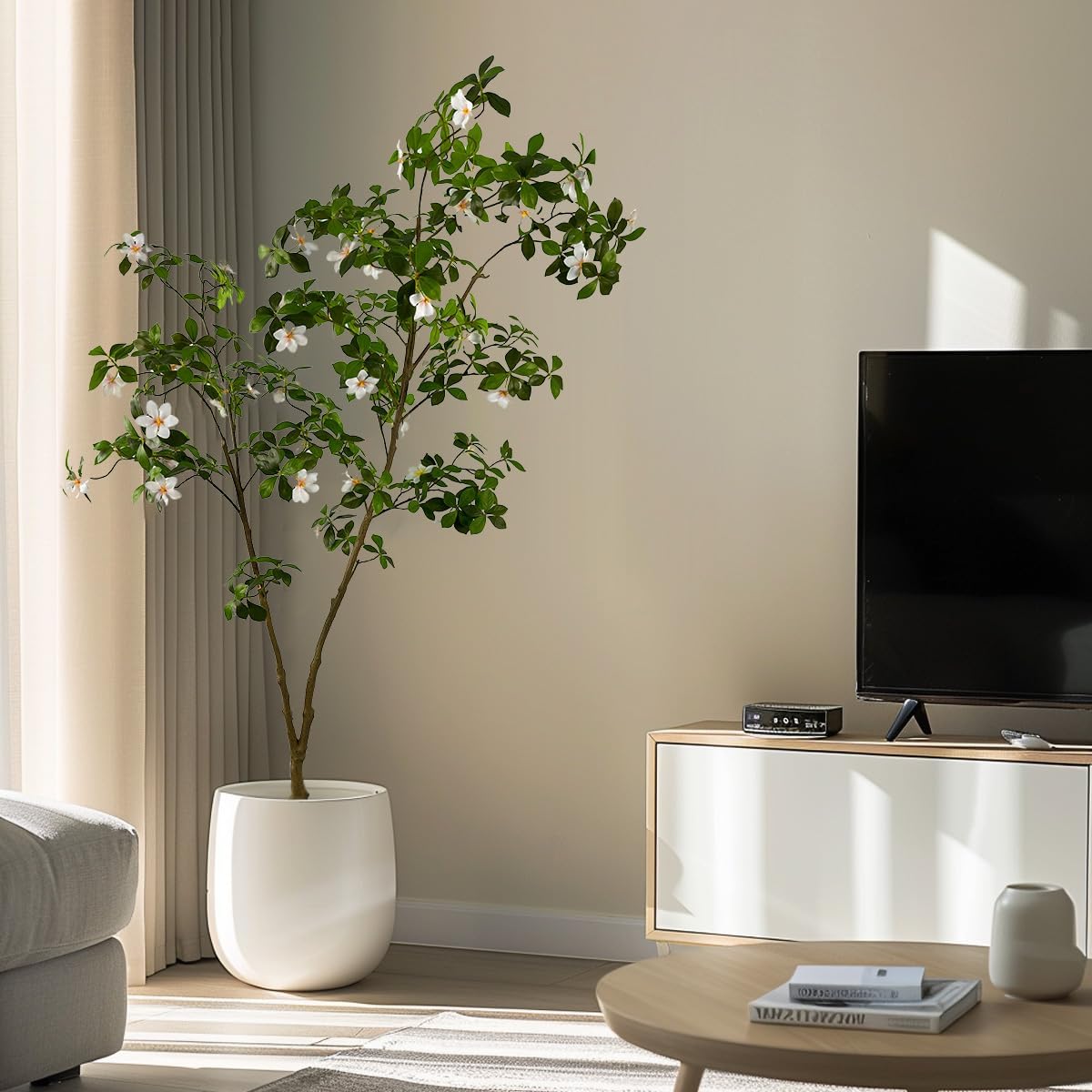 Artificial Gardenia Tree with White Flowers, 6 ft Tall, Potted Faux Plant with Green Leaves