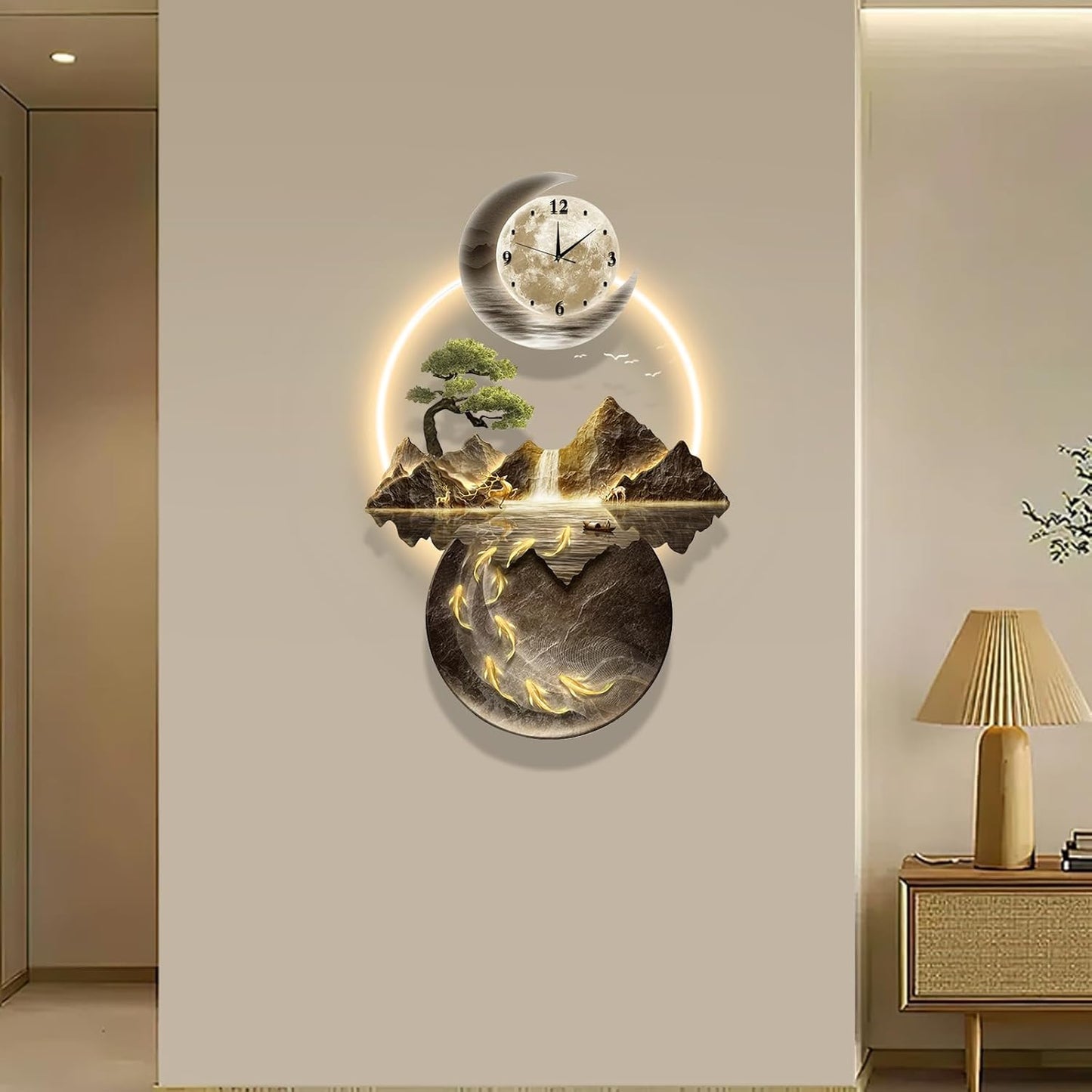 LED Light Art Wall Decor, 3D Art Wall Decor Clock, Decor Wall Sculptures with Lights, Modern Home Decor Landscape Wall Sculpture, Plug-in Power Supply, Gold C, 19x39IN