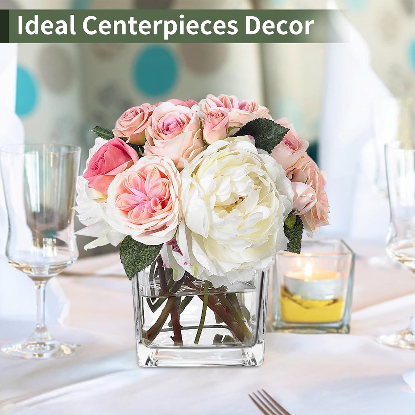 6 Pack Square Glass Vases 5 x 5 x 5 Inch, Clear Cube Flower Vases for Centerpieces, Candle Holders for Wedding Party Home Decor