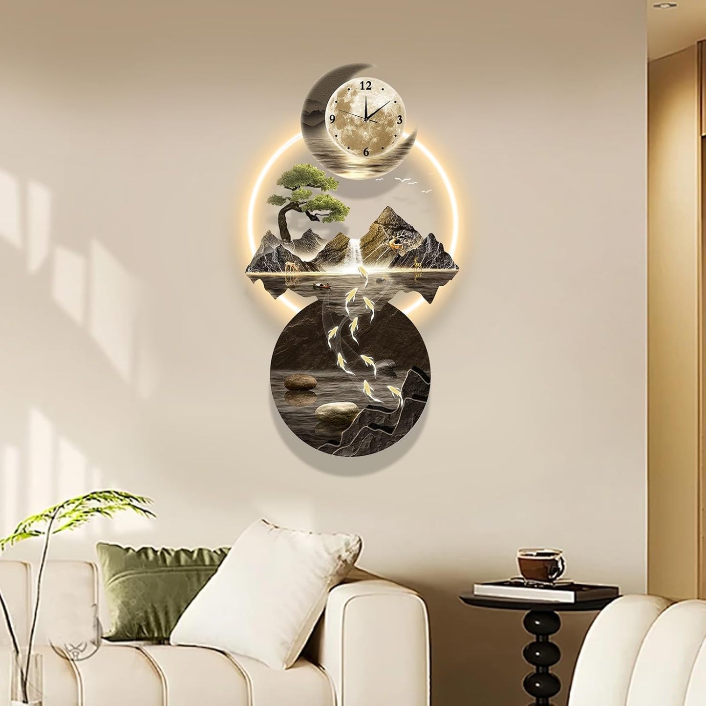 LED Light Art Wall Decor, 3D Art Wall Decor Clock, Decor Wall Sculptures with Lights, Modern Home Decor Landscape Wall Sculpture, Plug-in Power Supply, Gold C, 19x39IN