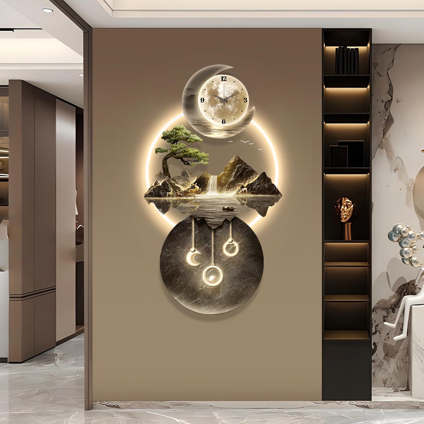 LED Light Art Wall Decor, 3D Art Wall Decor Clock, Decor Wall Sculptures with Lights, Modern Home Decor Landscape Wall Sculpture, Plug-in Power Supply, Gold C, 19x39IN