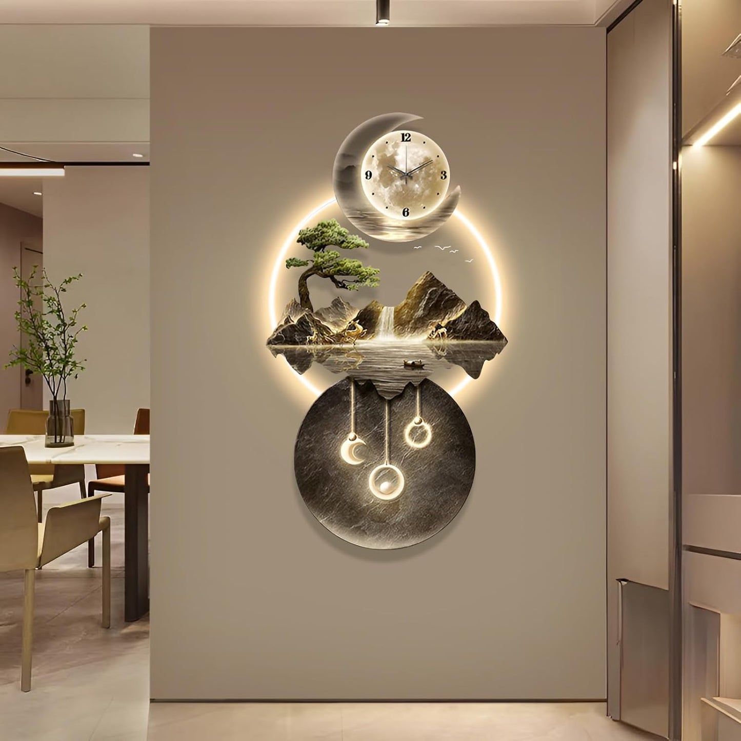 LED Light Art Wall Decor, 3D Art Wall Decor Clock, Decor Wall Sculptures with Lights, Modern Home Decor Landscape Wall Sculpture, Plug-in Power Supply, Gold C, 19x39IN