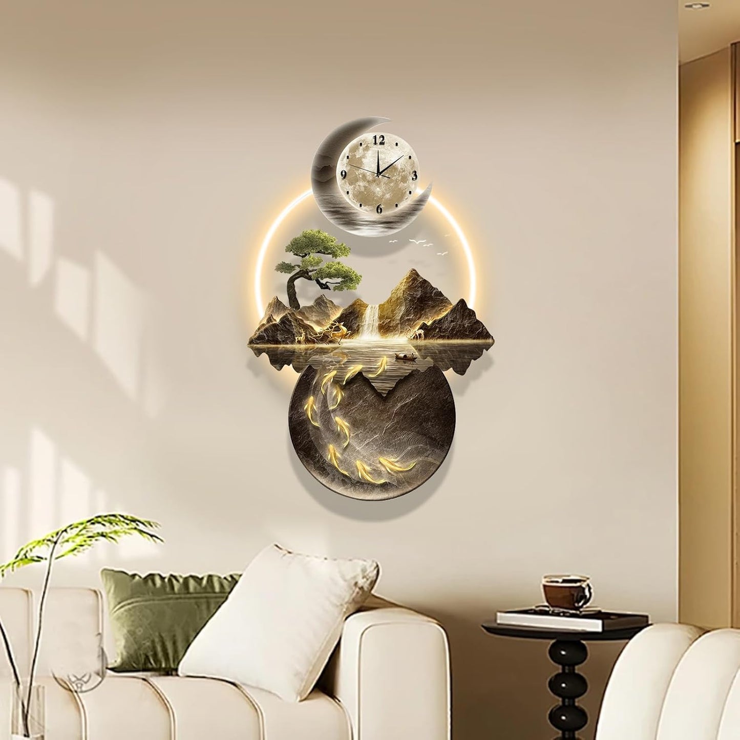 LED Light Art Wall Decor, 3D Art Wall Decor Clock, Decor Wall Sculptures with Lights, Modern Home Decor Landscape Wall Sculpture, Plug-in Power Supply, Gold C, 19x39IN