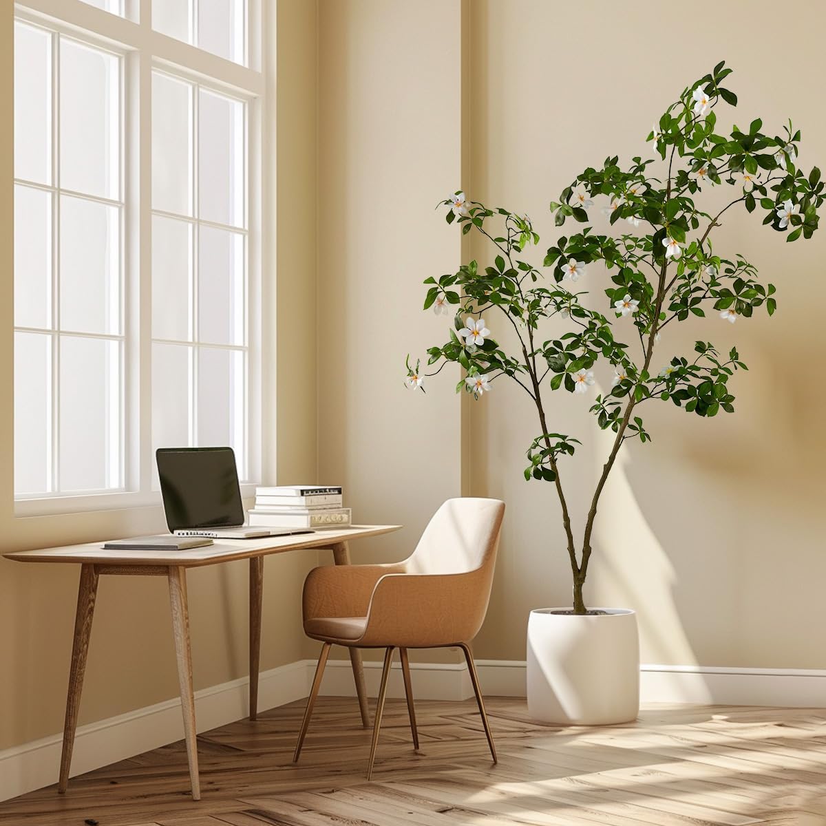 Artificial Gardenia Tree with White Flowers, 6 ft Tall, Potted Faux Plant with Green Leaves