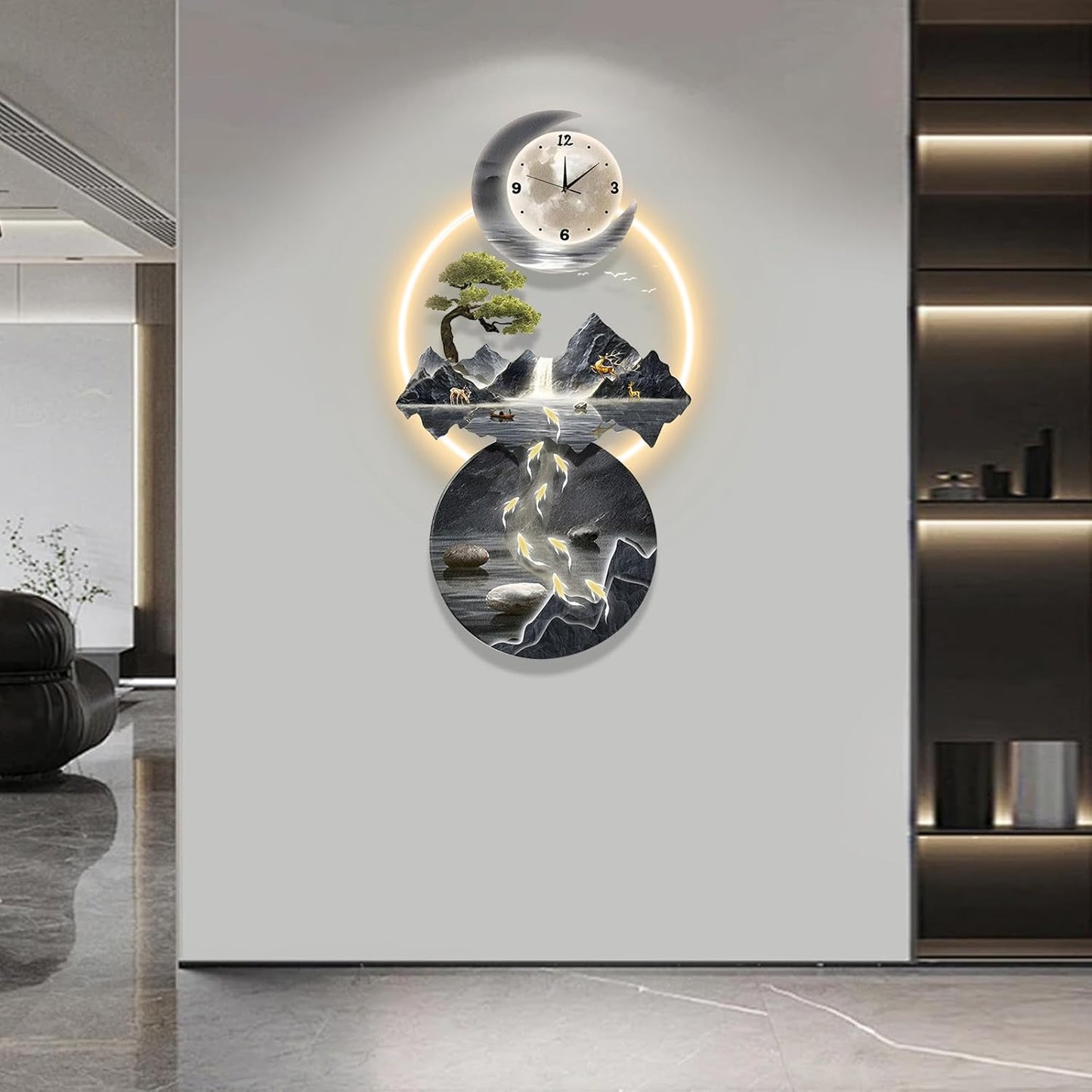 LED Light Art Wall Decor, 3D Art Wall Decor Clock, Decor Wall Sculptures with Lights, Modern Home Decor Landscape Wall Sculpture, Plug-in Power Supply, Gold C, 19x39IN