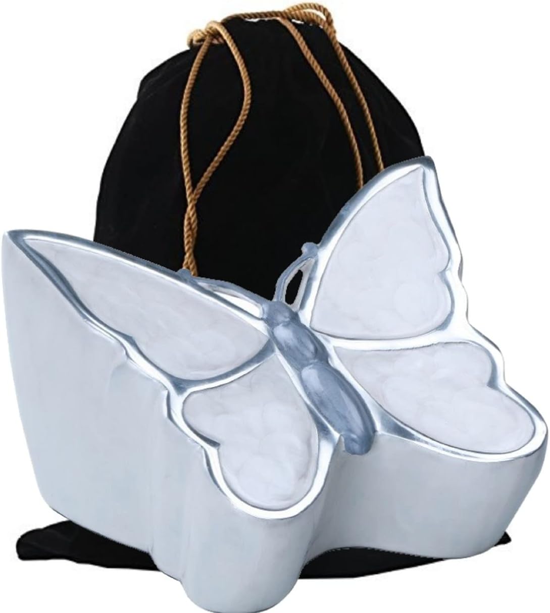 MEMORIALS4U Butterfly Sculpture Cremation Urn - Handcrafted Metal Urn for Human Ashes - Artistic Urn with Velvet Bag (White Adult)