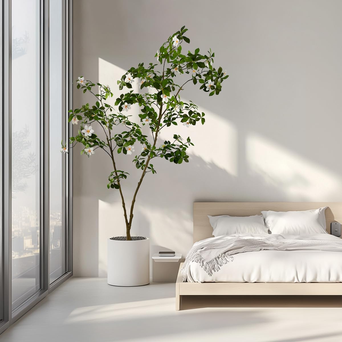 Artificial Gardenia Tree with White Flowers, 6 ft Tall, Potted Faux Plant with Green Leaves