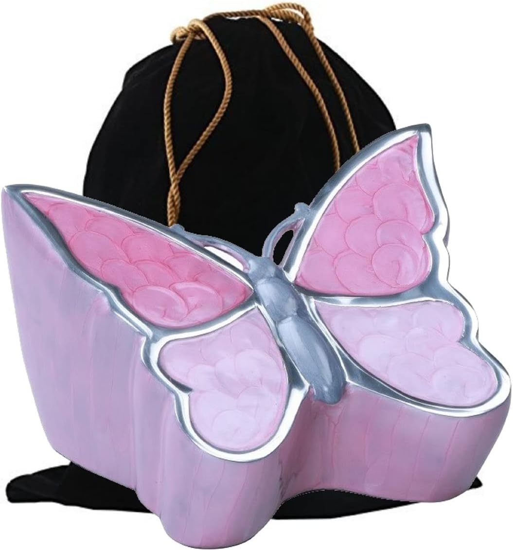 MEMORIALS4U Butterfly Sculpture Cremation Urn - Handcrafted Metal Urn for Human Ashes - Artistic Urn with Velvet Bag (White Adult)