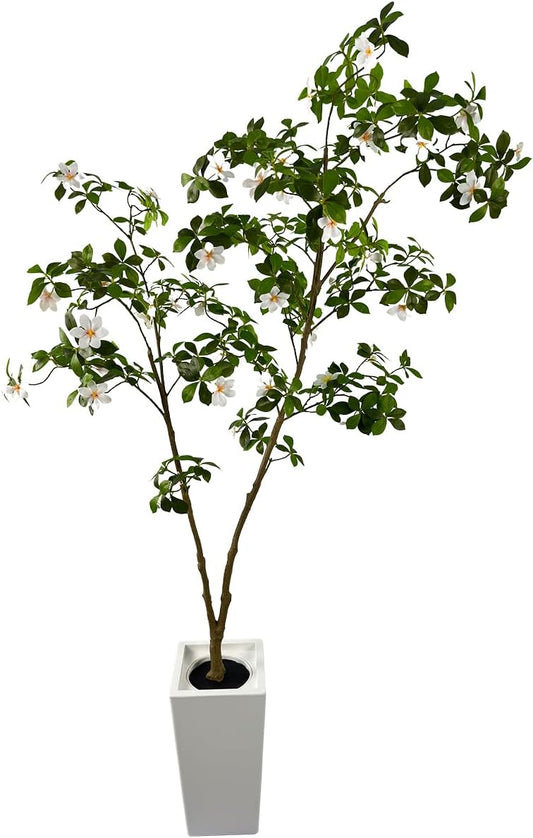 Artificial Gardenia Tree with White Flowers, 6 ft Tall, Potted Faux Plant with Green Leaves