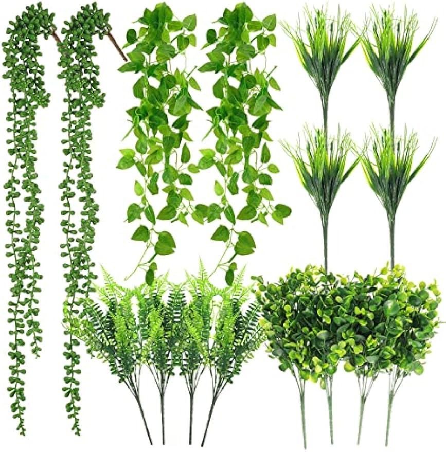 16 Bundles Artificial Hanging Plants Artificial Succulents Fake String of Pearls Fake Ivy Vine Greenery Boxwood Stems Fake Boxwood Shrubs Greenery Shrubs Boston Fern Plants for Indoor Outdoor Decor