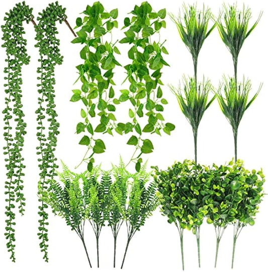16 Bundles Artificial Hanging Plants Artificial Succulents Fake String of Pearls Fake Ivy Vine Greenery Boxwood Stems Fake Boxwood Shrubs Greenery Shrubs Boston Fern Plants for Indoor Outdoor Decor