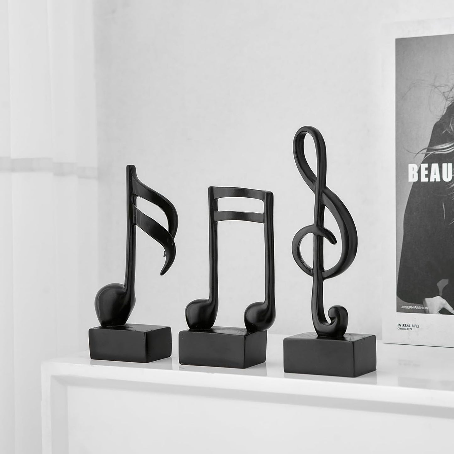 3 Pieces Music Note Statue Home Decor Modern Living Room Decorations Black Sculpture for Office Bookshelf Music Room