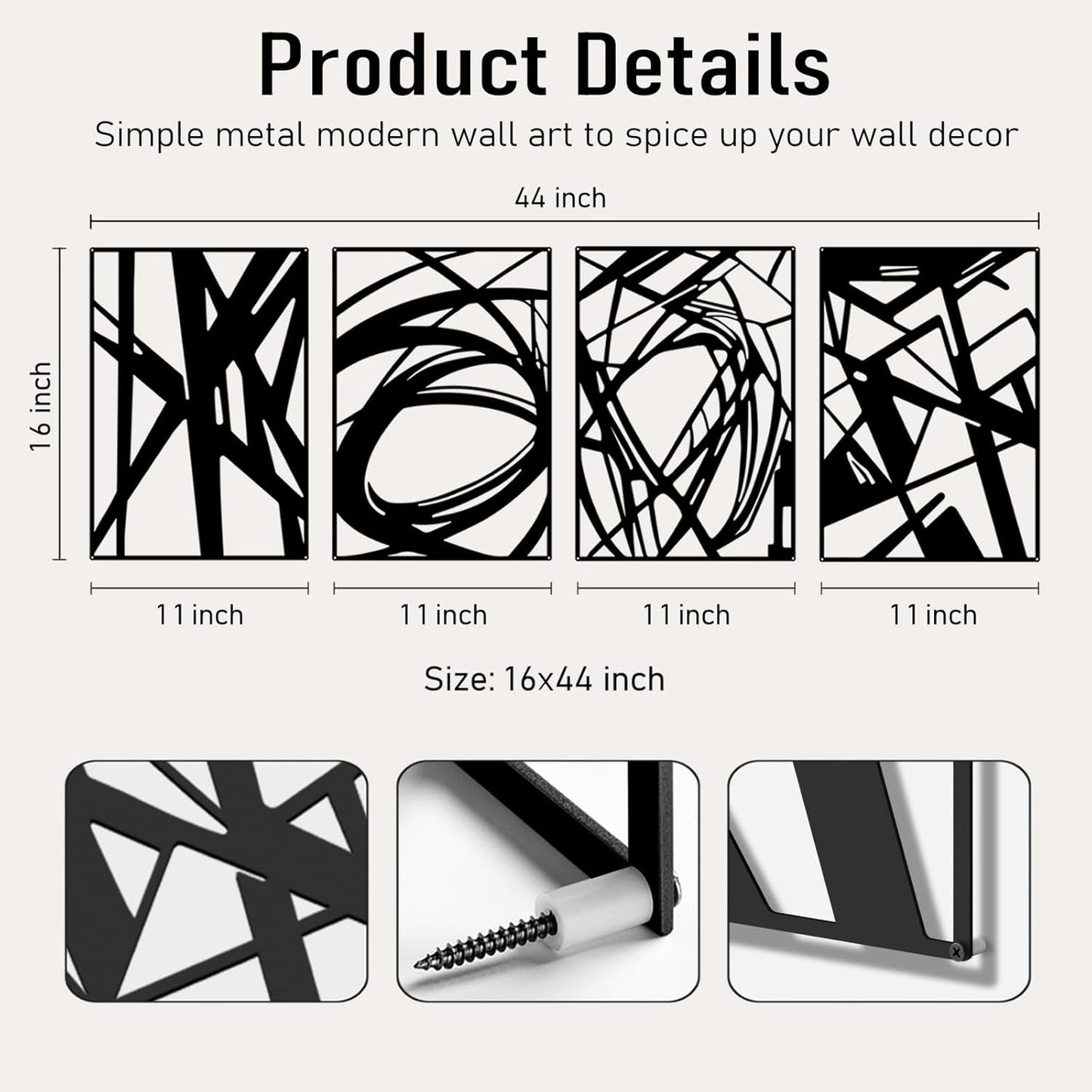 Bakovity Black Abstract Wall Art, Metal Art Wall Decor, Modern Large Wall Art, 3D Abstract Wall Sculptures for Bedroom Bathroom Living Room (4 Pack, 16 x 11 in)
