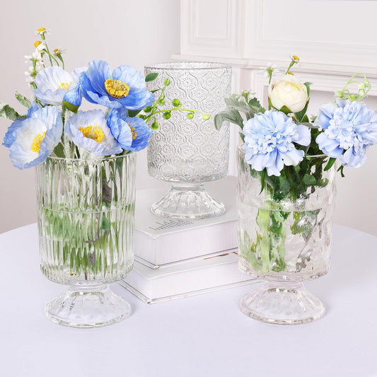 Fixwal Vases for Flowers Set of 3 Vintage Glass Vase for Centerpieces, Embossed Base Vases for Wedding Decoration (H:7" D:4"), Ribbed Glass Containers for Organization for Home Decor
