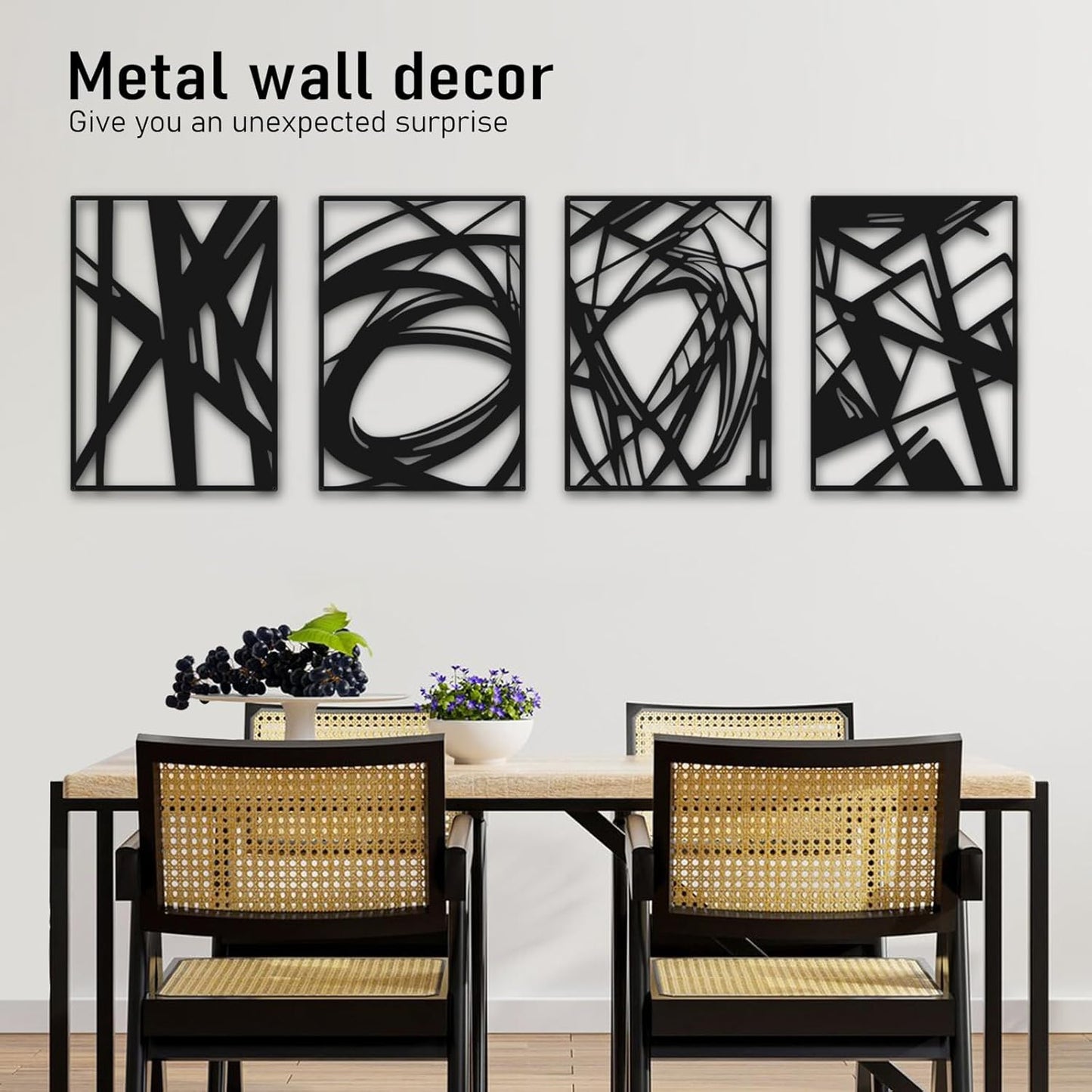 Bakovity Black Abstract Wall Art, Metal Art Wall Decor, Modern Large Wall Art, 3D Abstract Wall Sculptures for Bedroom Bathroom Living Room (4 Pack, 16 x 11 in)