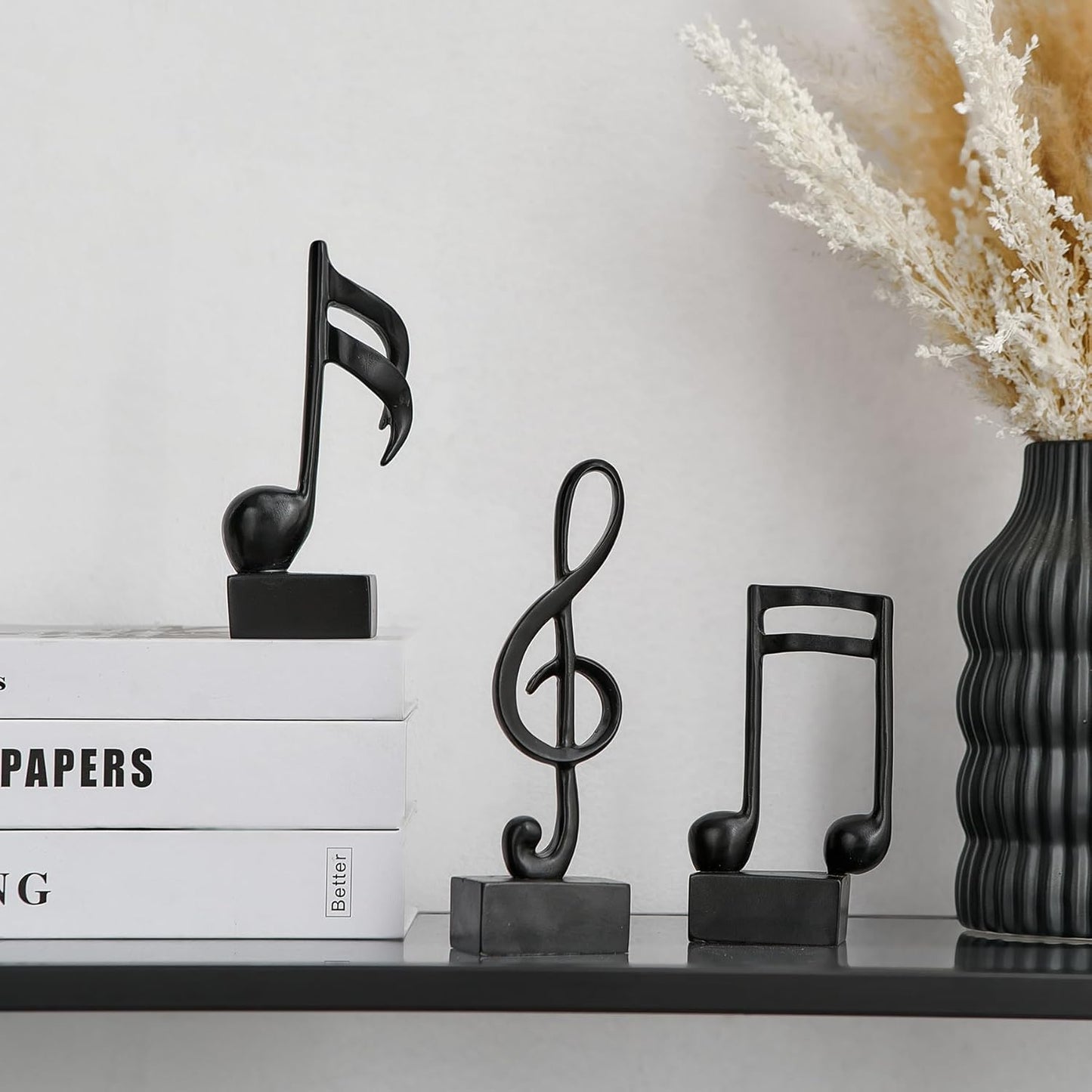 3 Pieces Music Note Statue Home Decor Modern Living Room Decorations Black Sculpture for Office Bookshelf Music Room