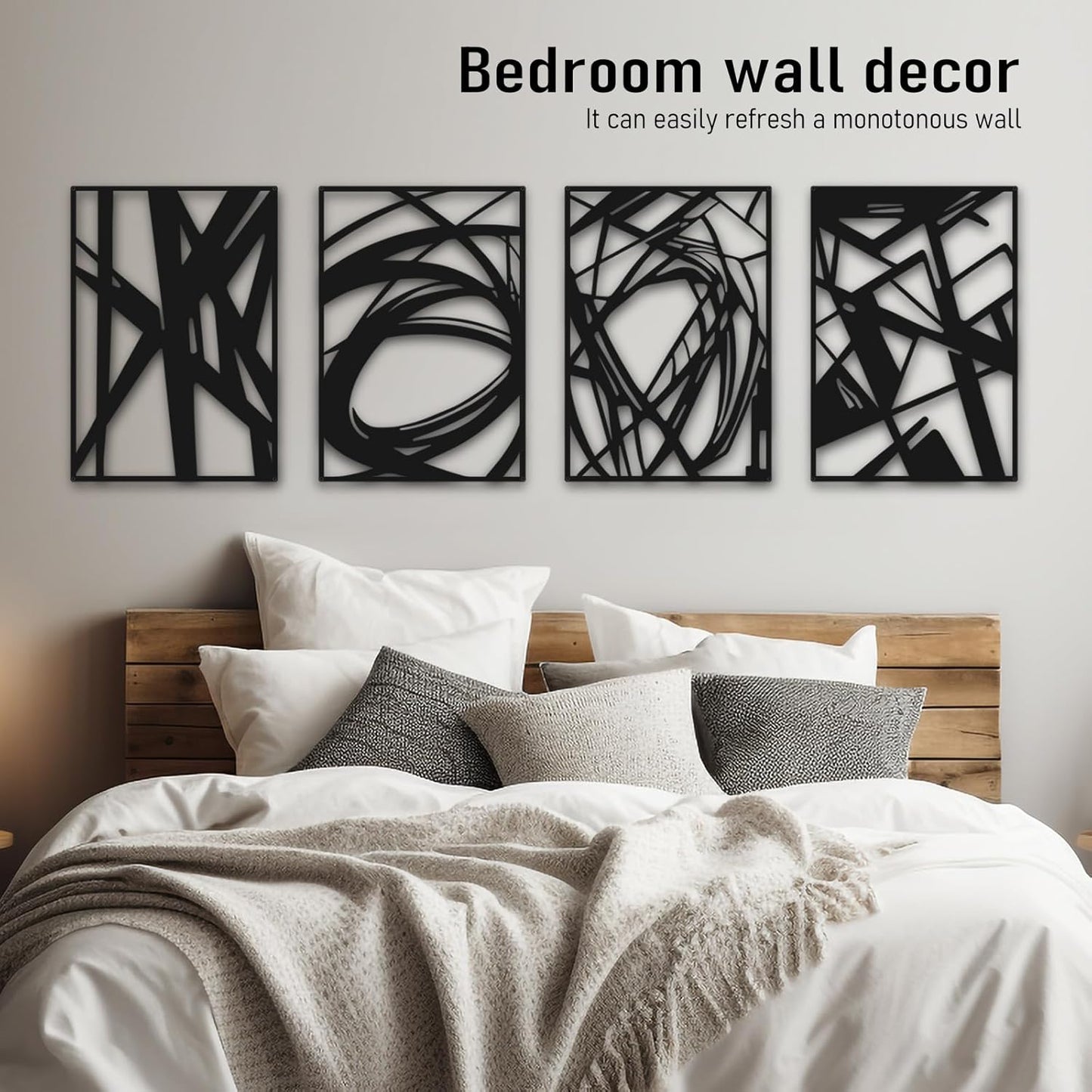 Bakovity Black Abstract Wall Art, Metal Art Wall Decor, Modern Large Wall Art, 3D Abstract Wall Sculptures for Bedroom Bathroom Living Room (4 Pack, 16 x 11 in)