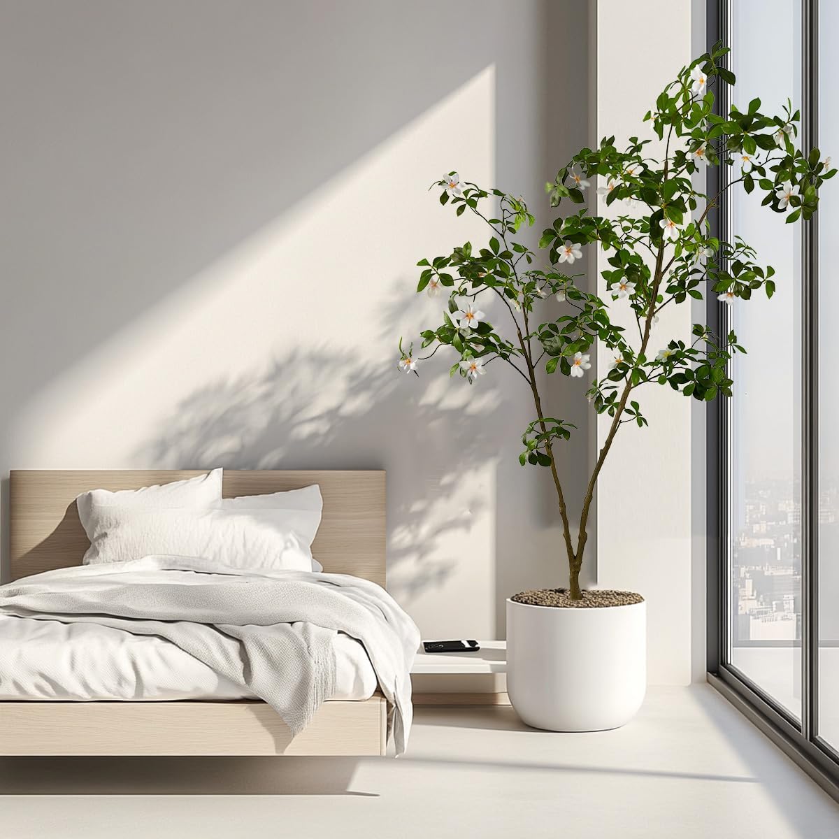 Artificial Gardenia Tree with White Flowers, 6 ft Tall, Potted Faux Plant with Green Leaves
