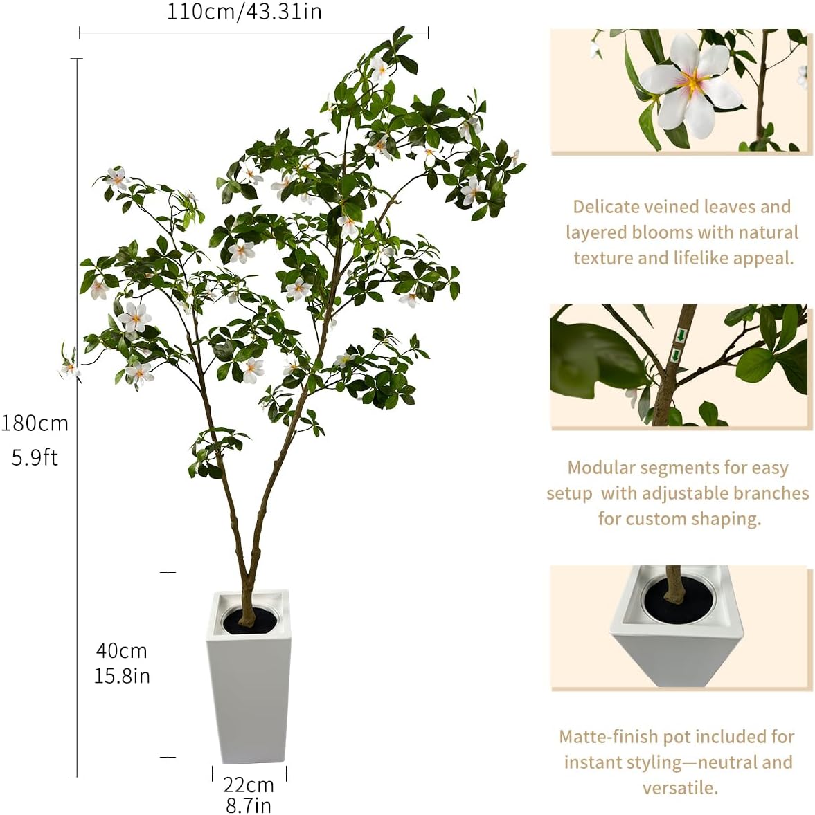 Artificial Gardenia Tree with White Flowers, 6 ft Tall, Potted Faux Plant with Green Leaves