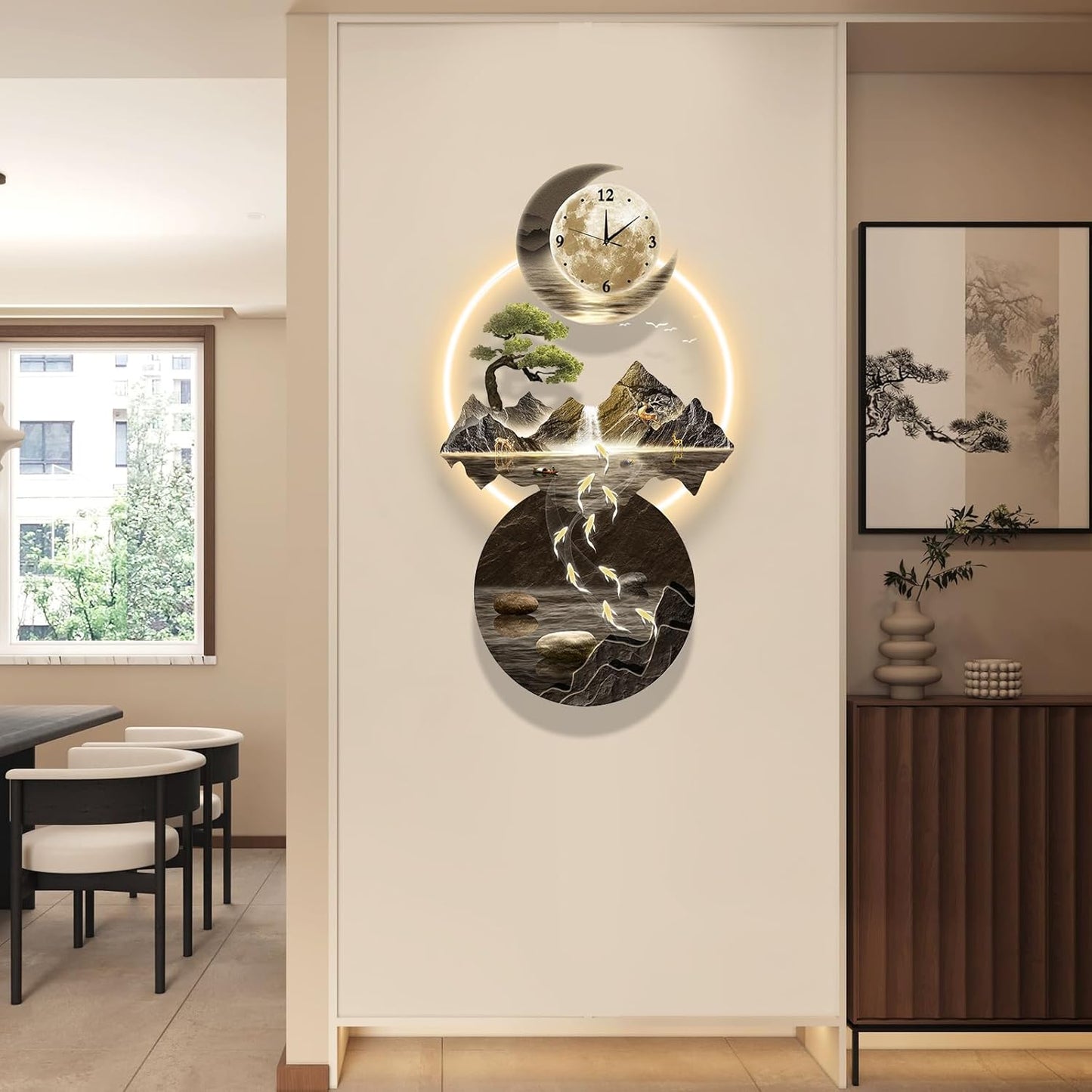 LED Light Art Wall Decor, 3D Art Wall Decor Clock, Decor Wall Sculptures with Lights, Modern Home Decor Landscape Wall Sculpture, Plug-in Power Supply, Gold C, 19x39IN