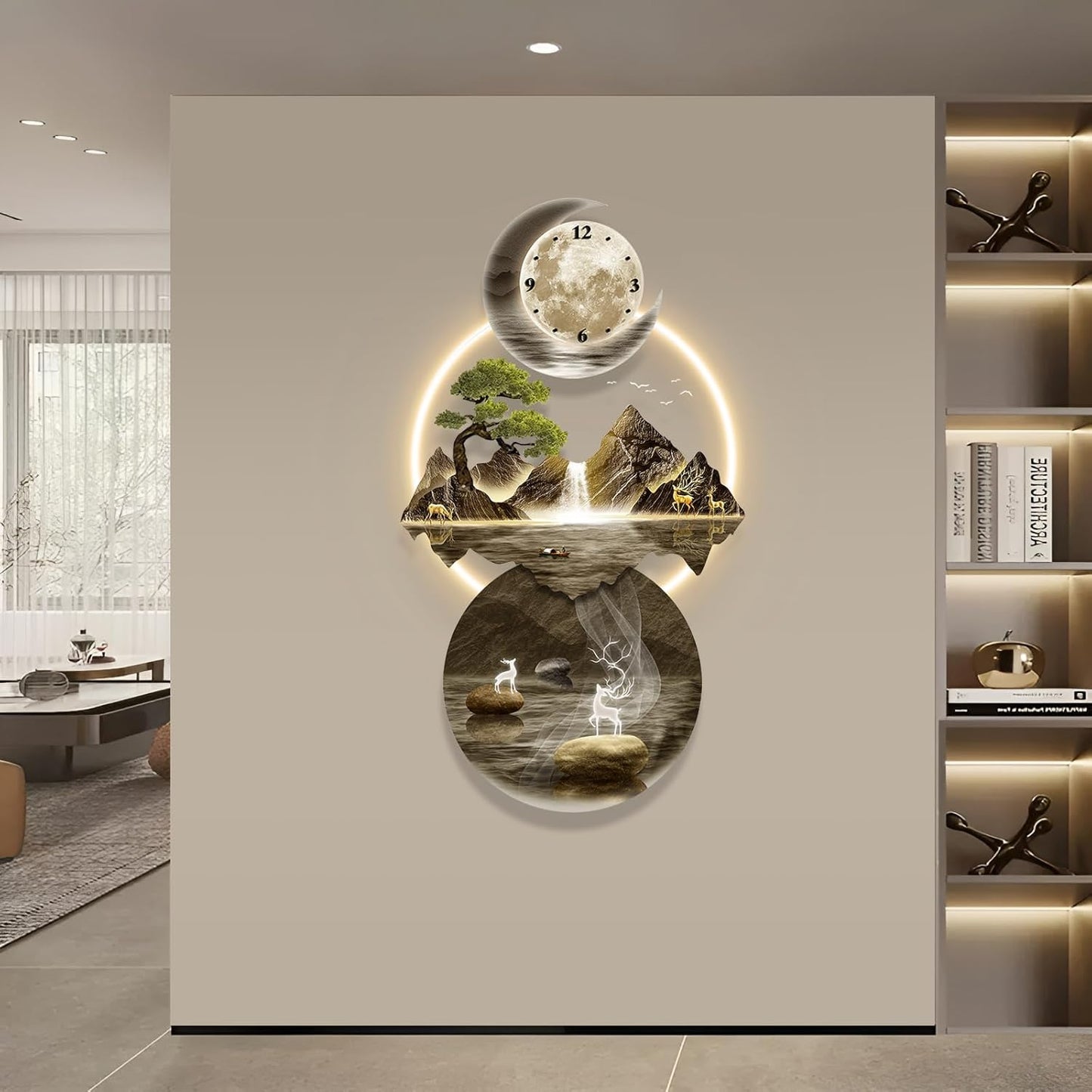 LED Light Art Wall Decor, 3D Art Wall Decor Clock, Decor Wall Sculptures with Lights, Modern Home Decor Landscape Wall Sculpture, Plug-in Power Supply, Gold C, 19x39IN