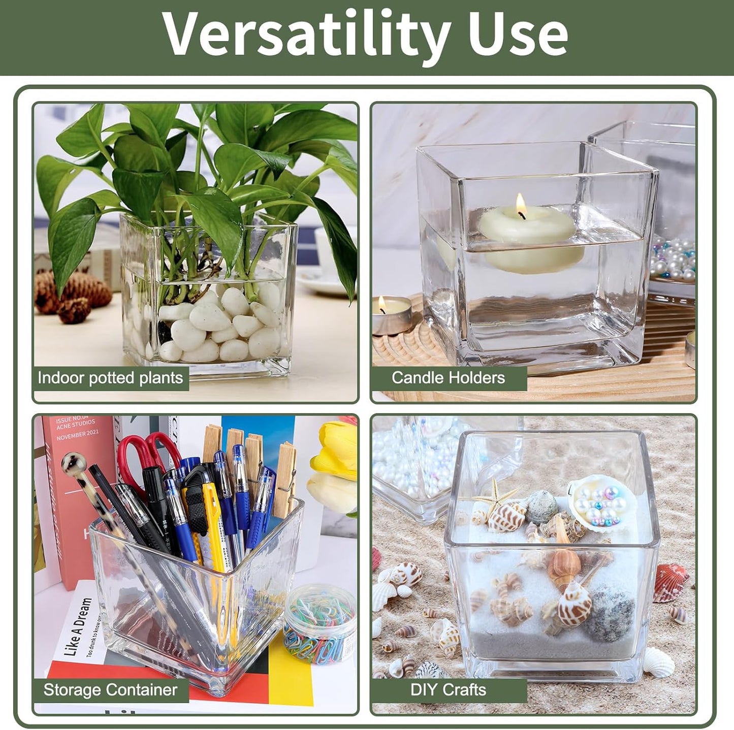 6 Pack Square Glass Vases 5 x 5 x 5 Inch, Clear Cube Flower Vases for Centerpieces, Candle Holders for Wedding Party Home Decor