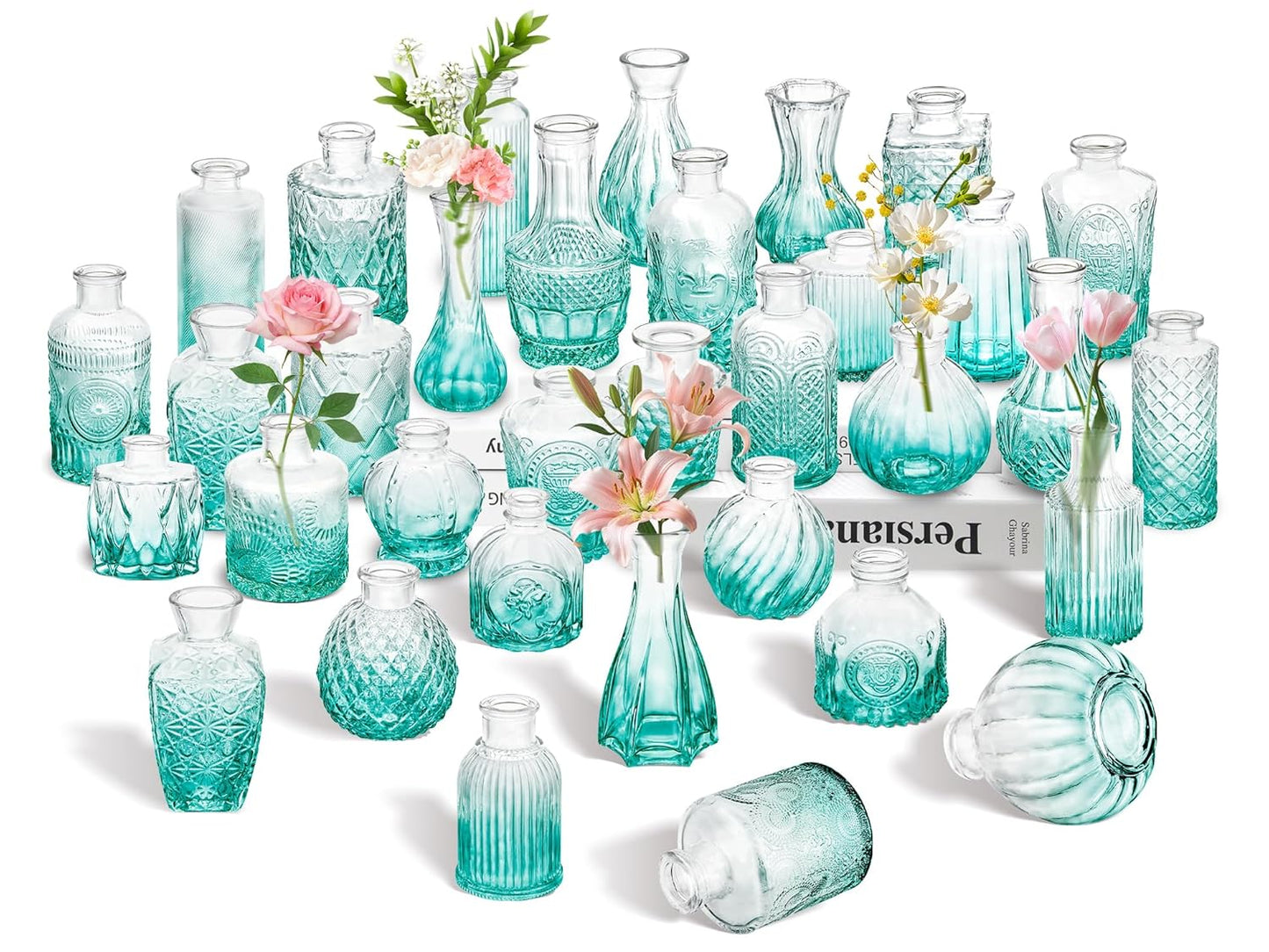 Clear Bud Vases Bulk 32,Small Flower Vases for Wedding,Glass Vintage Bottle Set for Centerpieces,Recepetion,Home