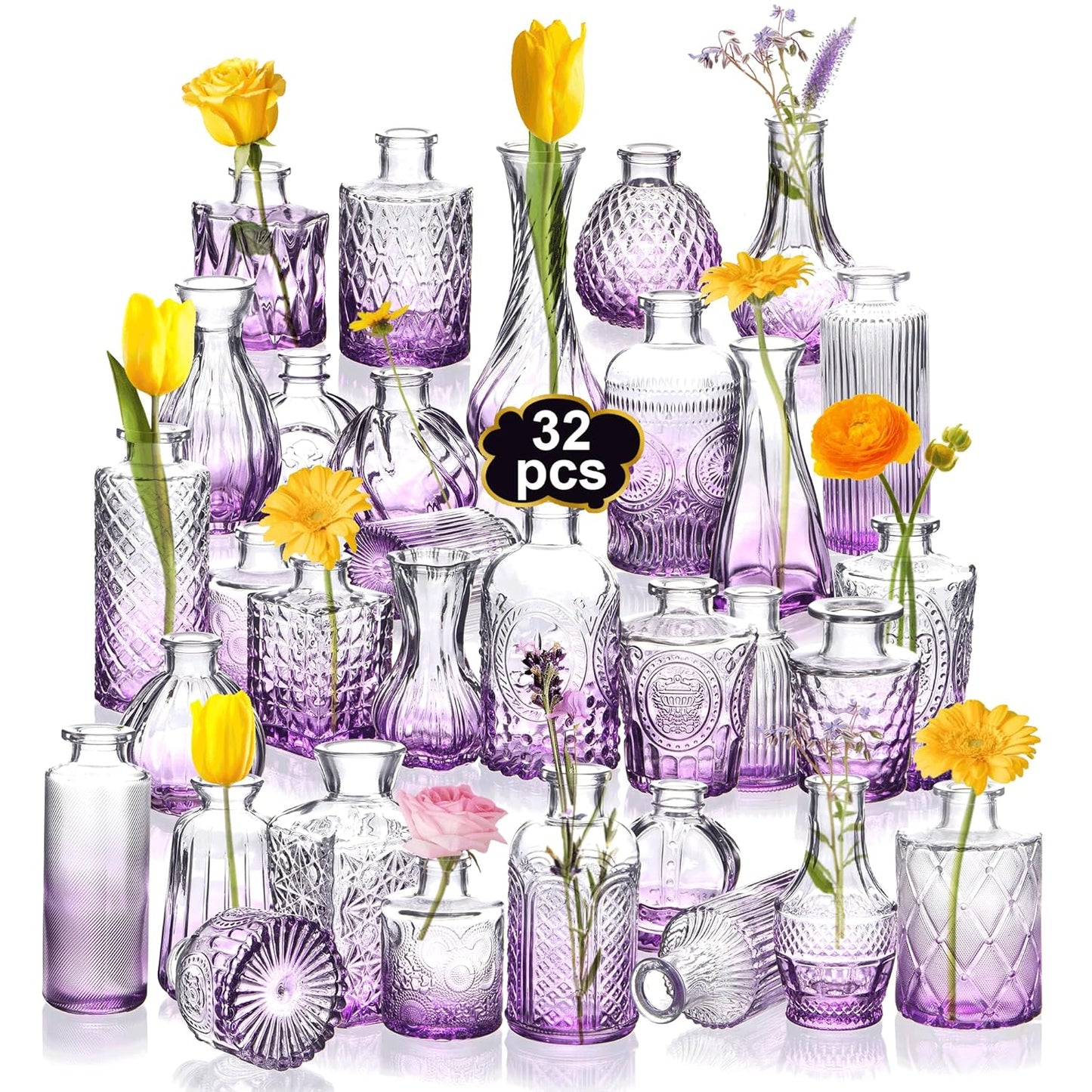 Clear Bud Vases Bulk 32,Small Flower Vases for Wedding,Glass Vintage Bottle Set for Centerpieces,Recepetion,Home