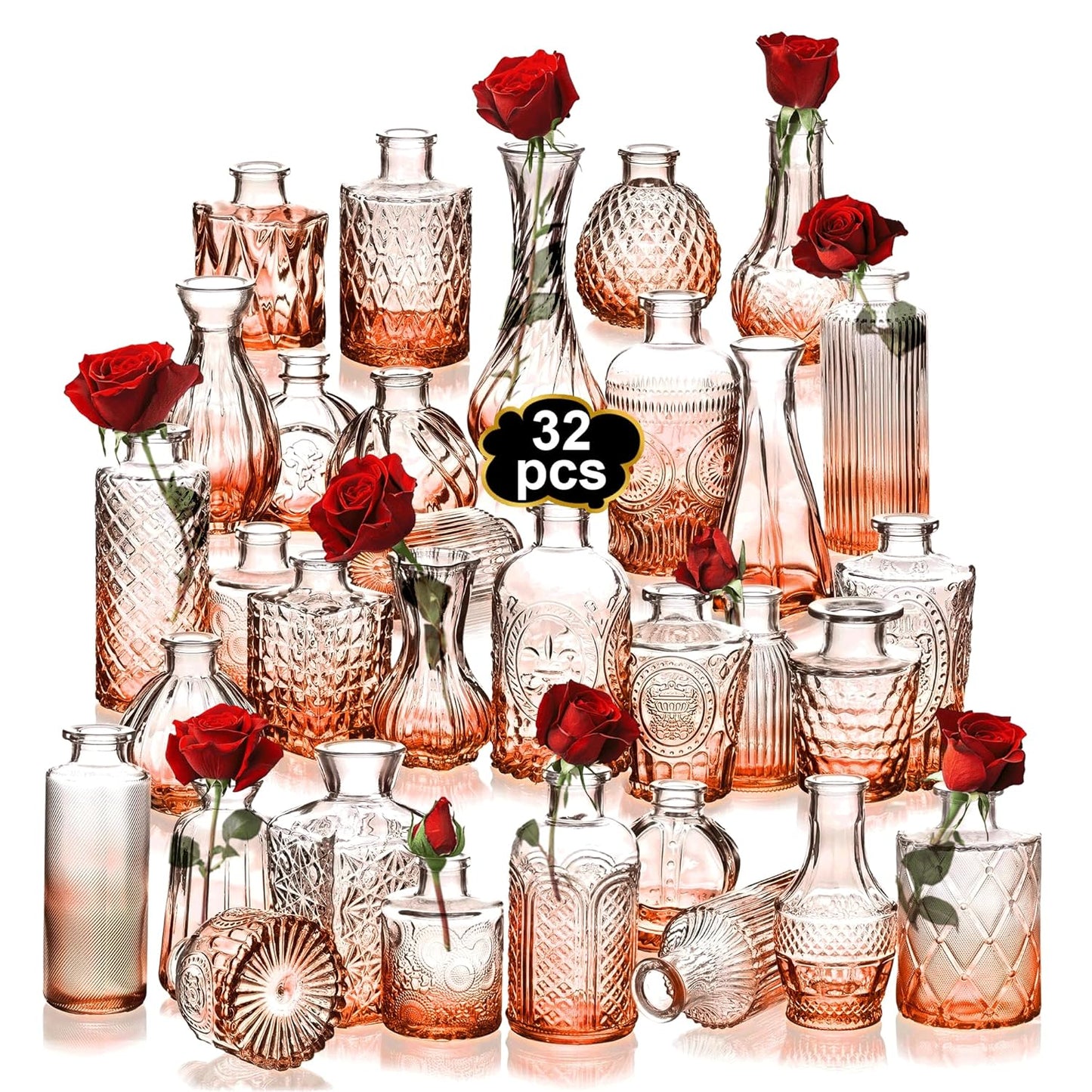 Clear Bud Vases Bulk 32,Small Flower Vases for Wedding,Glass Vintage Bottle Set for Centerpieces,Recepetion,Home