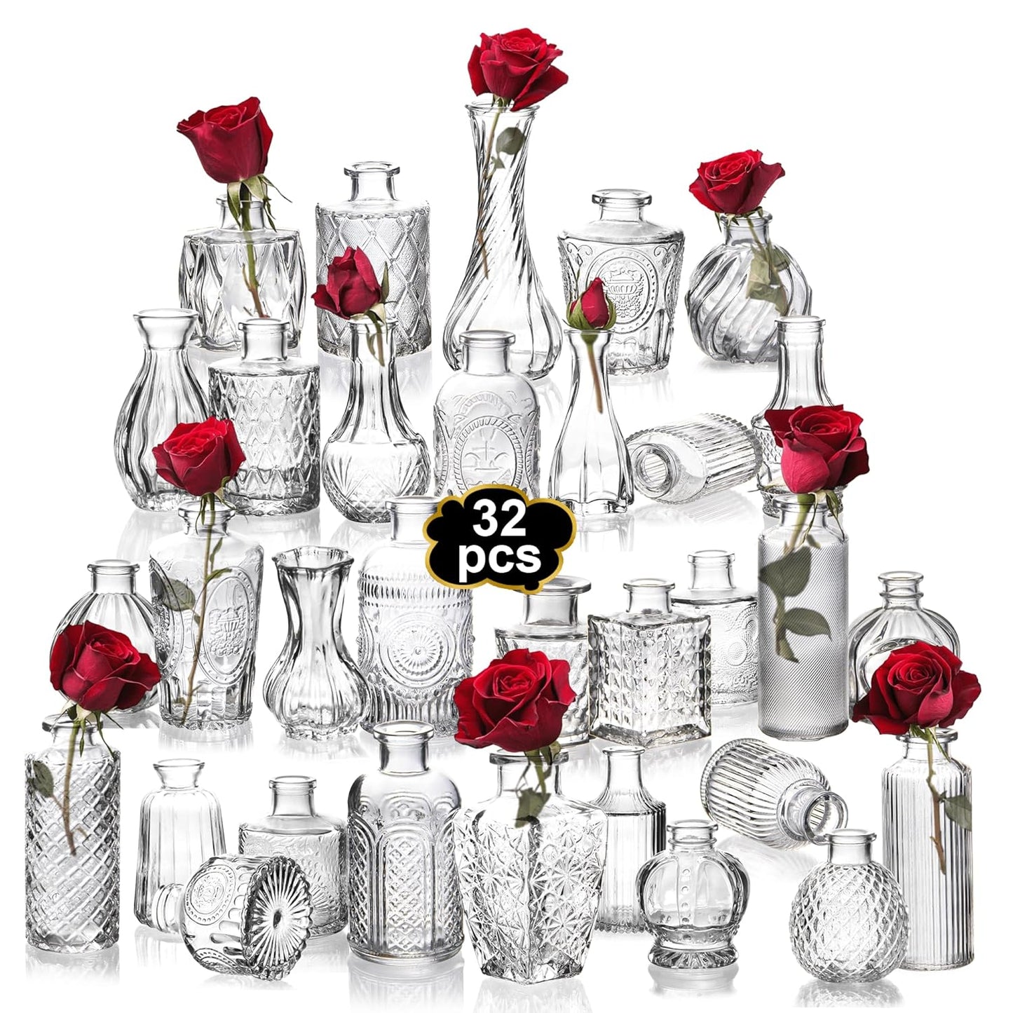 Clear Bud Vases Bulk 32,Small Flower Vases for Wedding,Glass Vintage Bottle Set for Centerpieces,Recepetion,Home