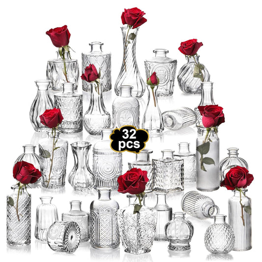 Clear Bud Vases Bulk 32,Small Flower Vases for Wedding,Glass Vintage Bottle Set for Centerpieces,Recepetion,Home