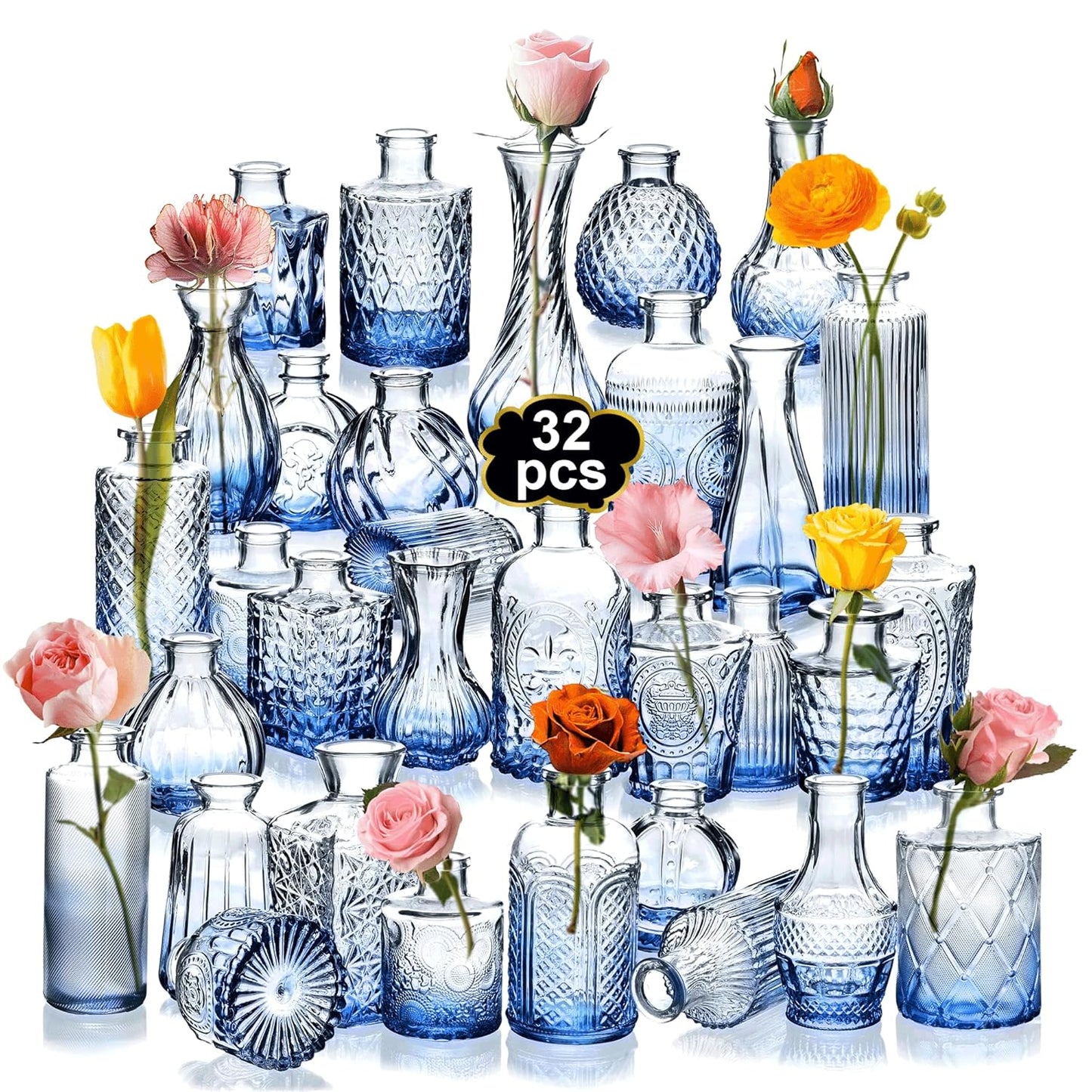 Clear Bud Vases Bulk 32,Small Flower Vases for Wedding,Glass Vintage Bottle Set for Centerpieces,Recepetion,Home