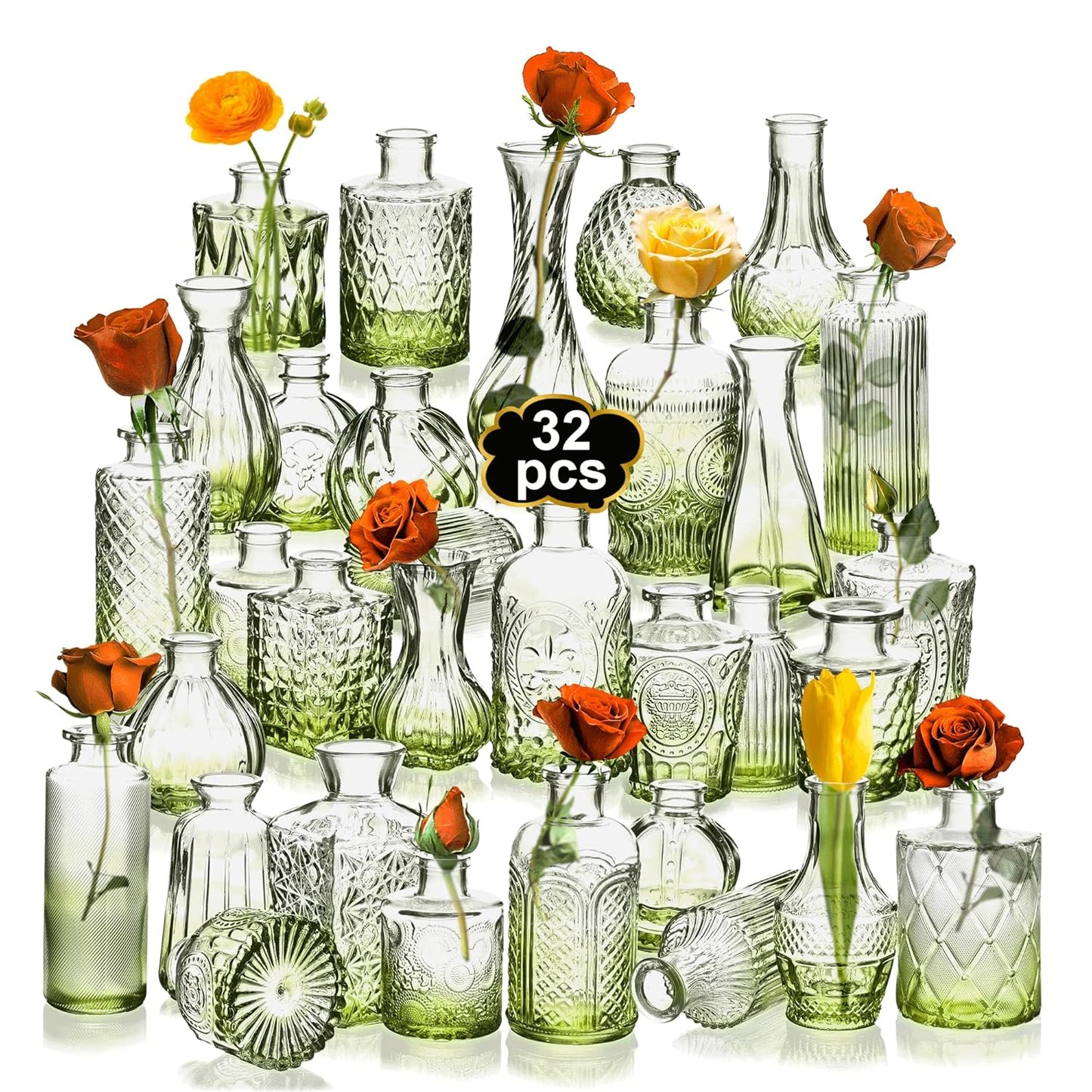 Clear Bud Vases Bulk 32,Small Flower Vases for Wedding,Glass Vintage Bottle Set for Centerpieces,Recepetion,Home